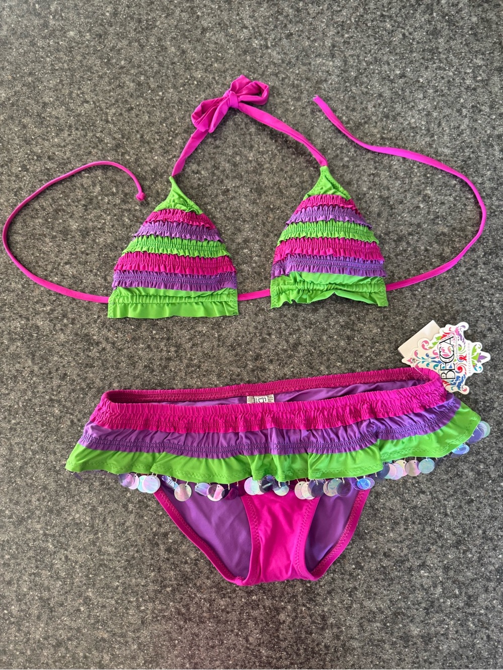 BECCA Pink & Green Ruffle Bikini Swimsuit, Women’s size L